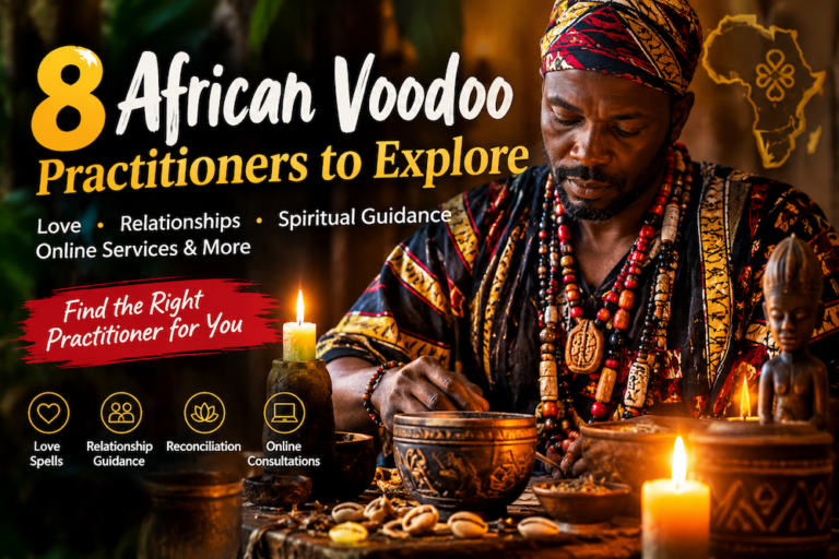 Top 8 African Voodoo Spell Casters Featured Below: African Practitioners to Explore | Love Spell Tradition has Attracted USA, Canadian & Europe Seeking Healing through Relationship Soulmate Love Spell 8 African Voodoo Practitioners to Explore: Love, Spiritual Services & More