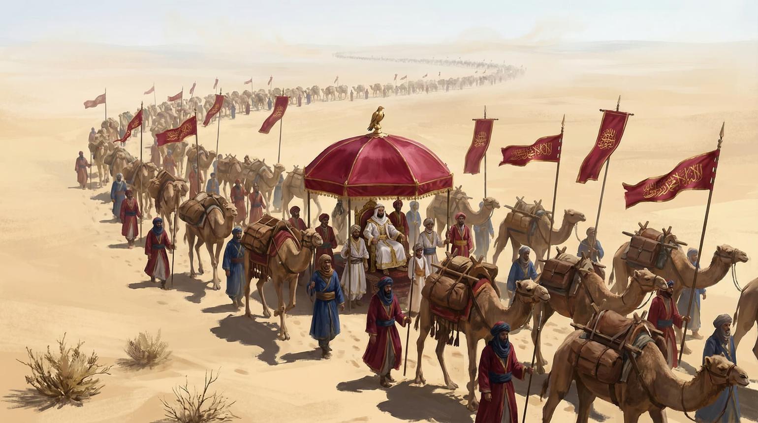 Camel caravan crossing Sahara during historical African trade
